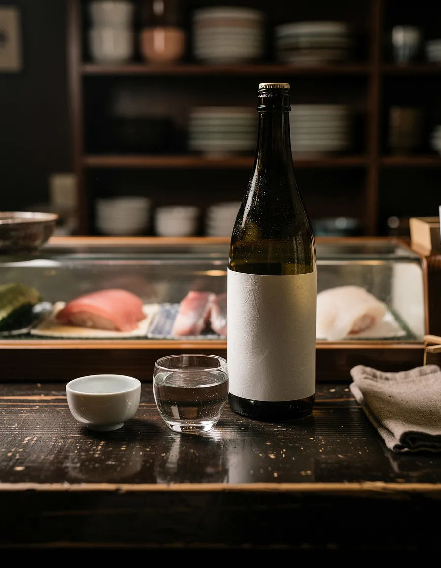 Una bottiglia di sake e due piccole tazze di ceramica su un bancone in legno scuro