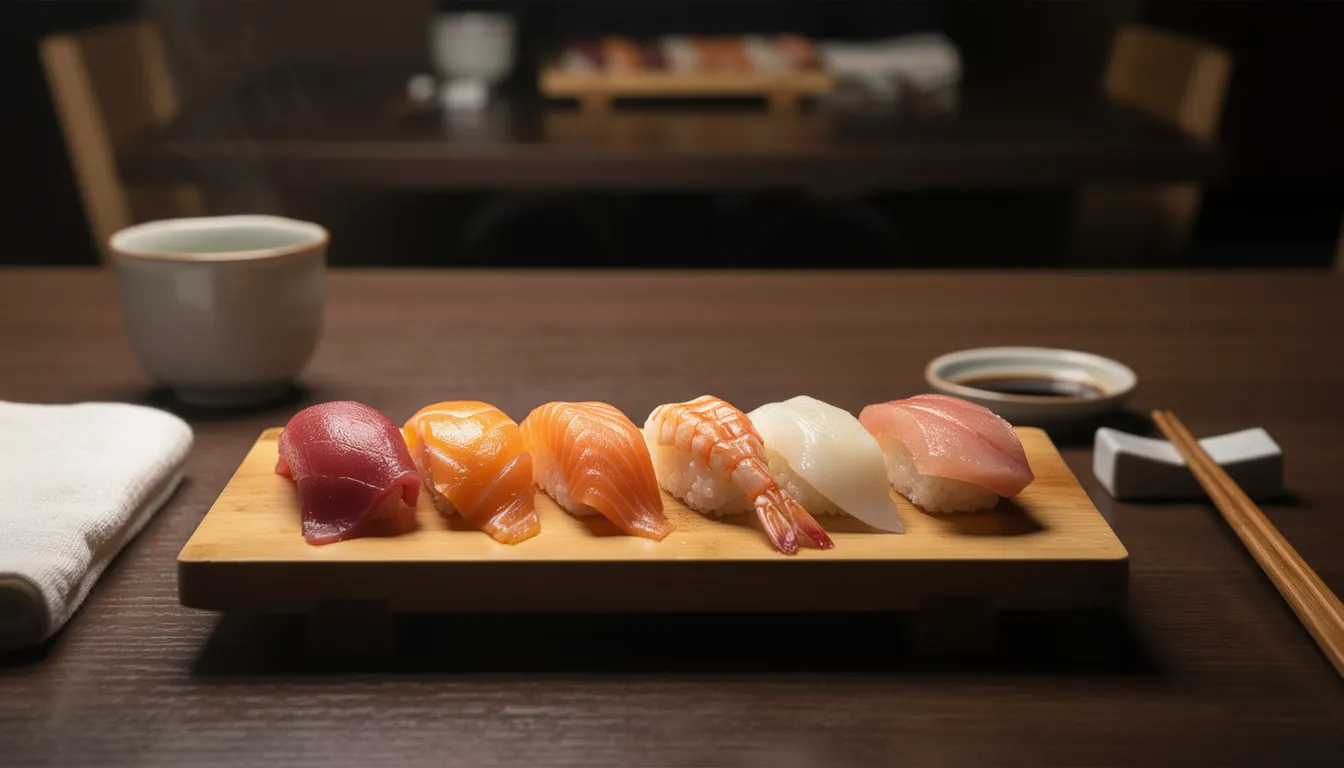 Ein hölzernes Servierbrett mit einer Reihe von pressed Nigiri-Sushi, in warmem gedämpftem Licht