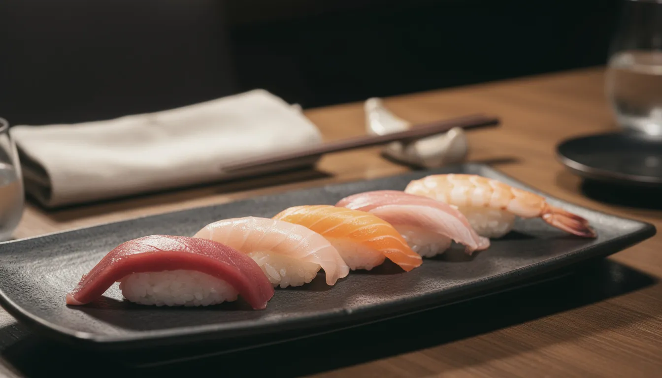 Una fila di nigiri pressati su un piatto di ceramica scura, illuminati delicatamente da un lato