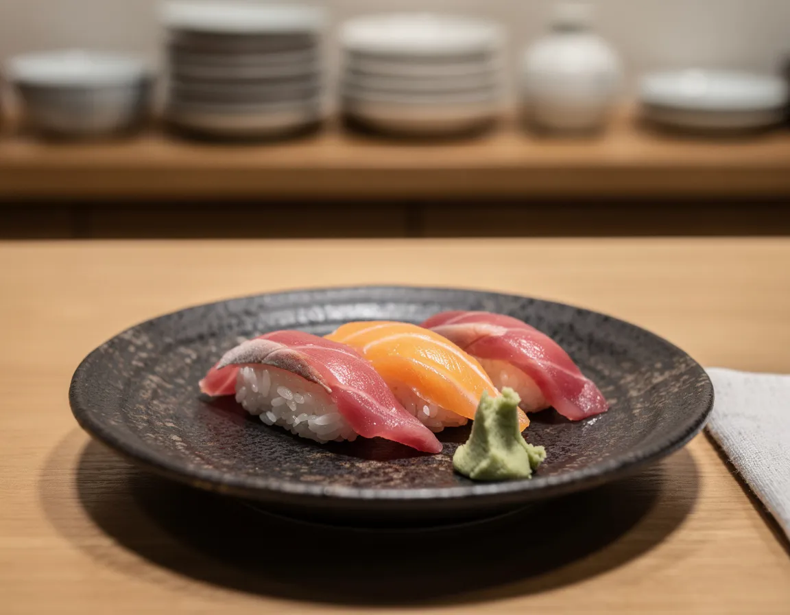 Quattro pezzi di nigiri al salmone e tonno su un piatto di ceramica scura con una piccola montagnetta di wasabi