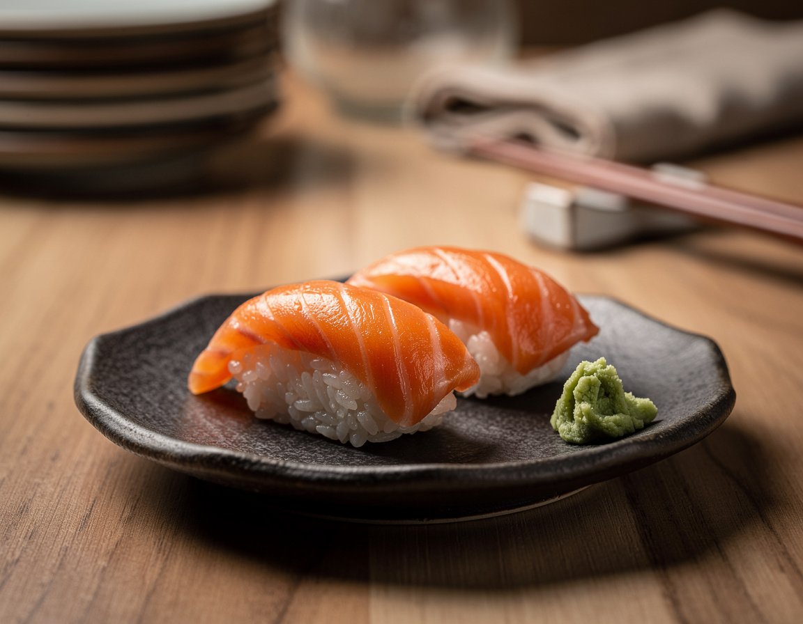 Zwei Stücke Lachs-Nigiri auf einem kleinen dunklen Keramikteller mit einem Klecks Wasabi