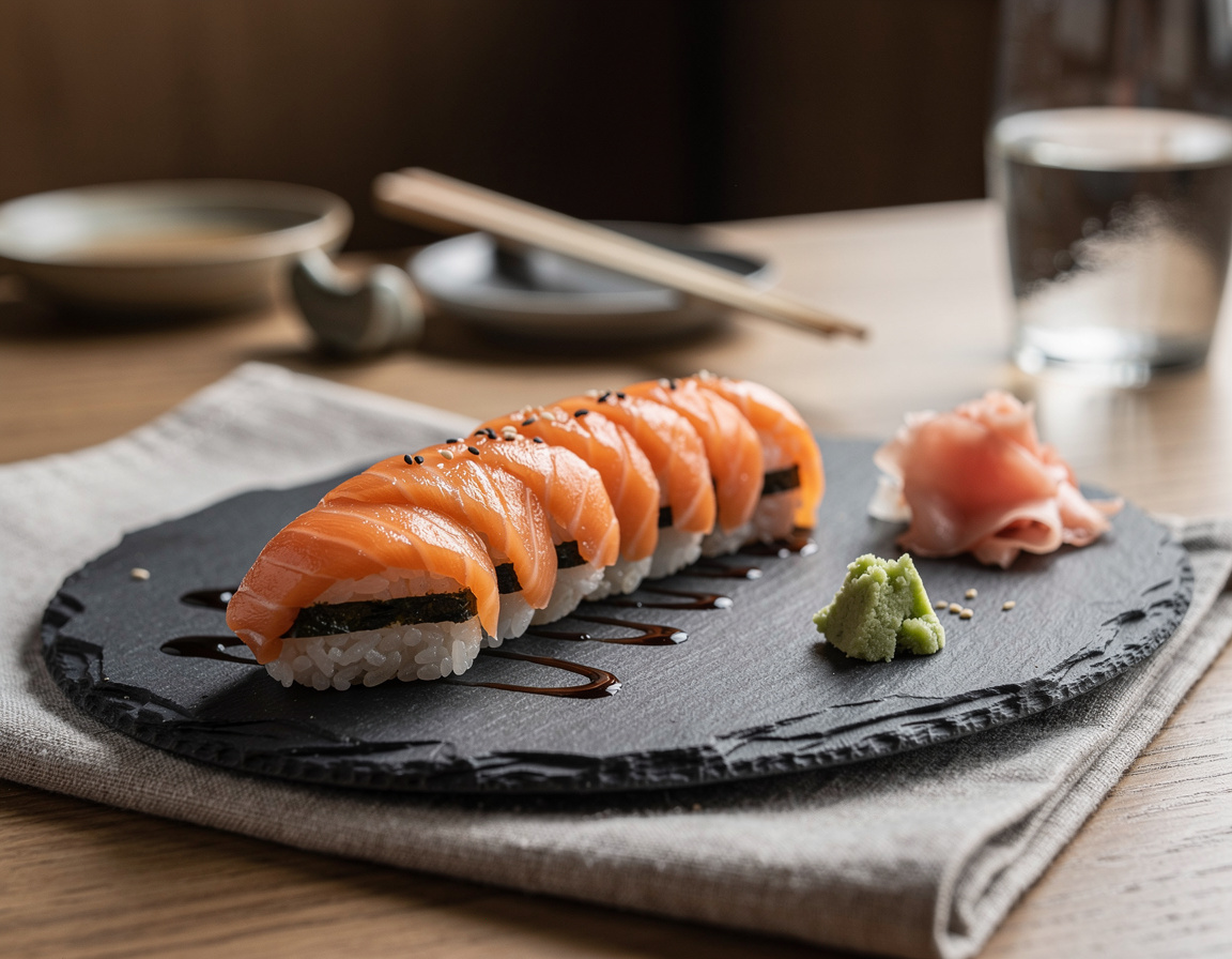 Un roll di salmone tagliato in otto pezzi su un piatto di ardesia, con zenzero sottaceto a parte