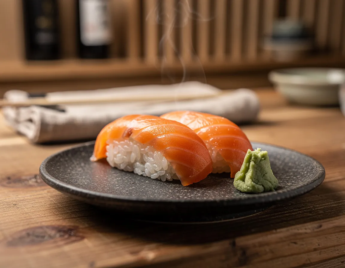 Zwei Stücke Lachs-Nigiri auf einem kleinen dunklen Keramikteller mit einem Klecks Wasabi