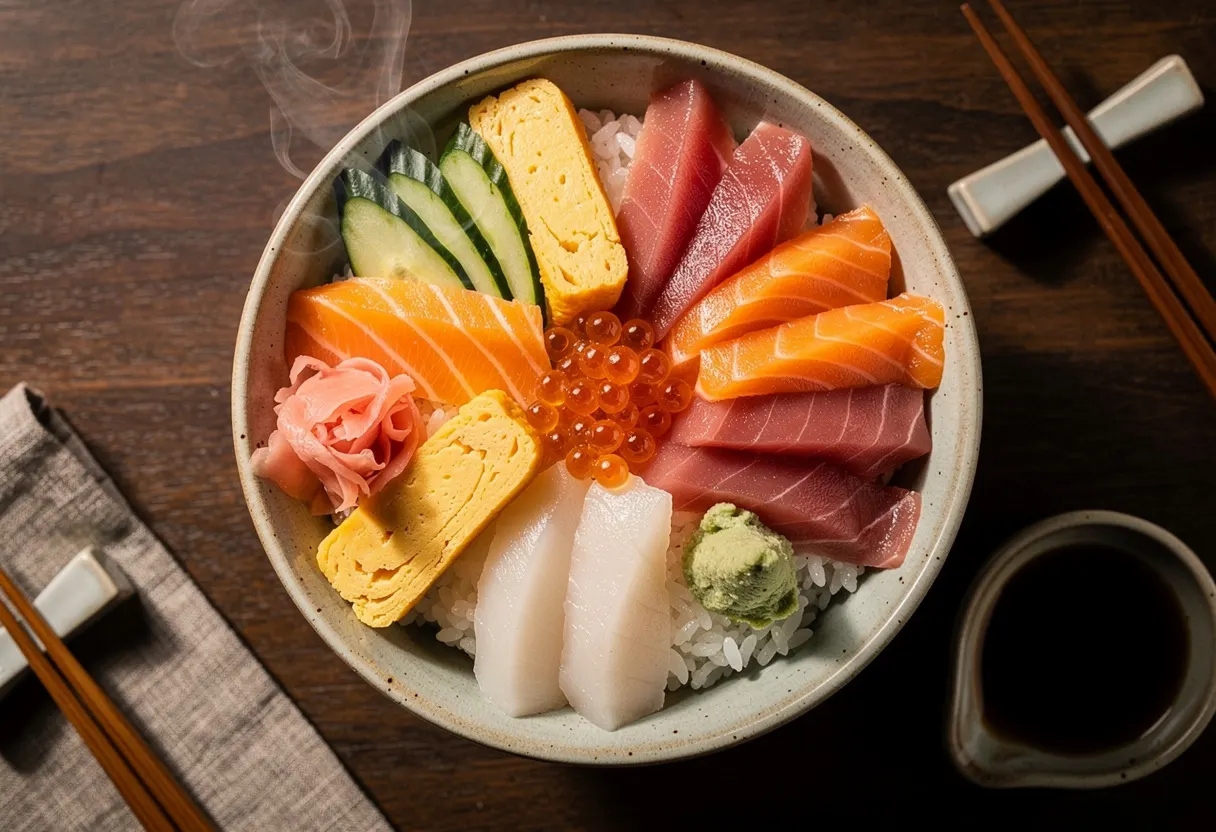 Uma taça de chirashi com sashimi fatiado sobre arroz branco, vista de cima numa mesa escura