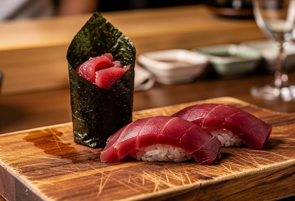 Eine Tuna Hand Roll im Nori-Blatt, aufrecht auf einem Holzbrett mit Tunfischscheiben daneben