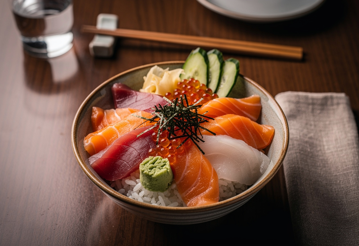 Eine Chirashi-Schale mit Sashimi-Scheiben auf weißem Reis, von oben auf einem dunklen Tisch gesehen