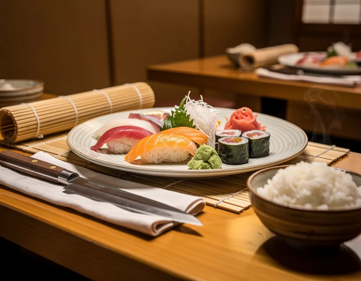 Un bancone di sushi in legno con una stuoia di bambù, un coltello su un panno e una ciotola di riso condito, illuminato da una luce calda e soffusa