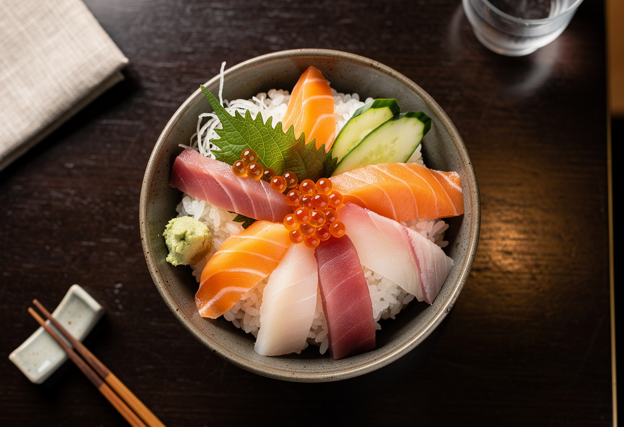 Una ciotola di chirashi con fette di sashimi su riso bianco, vista dall'alto su un tavolo scuro