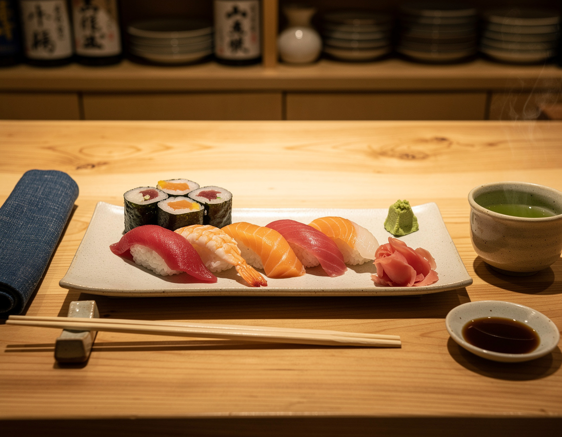 Eine hölzerne Sushi-Theke mit Keramiktellern, Essstäbchen und einem gefalteten Tuch, in warmem gedämpftem Licht