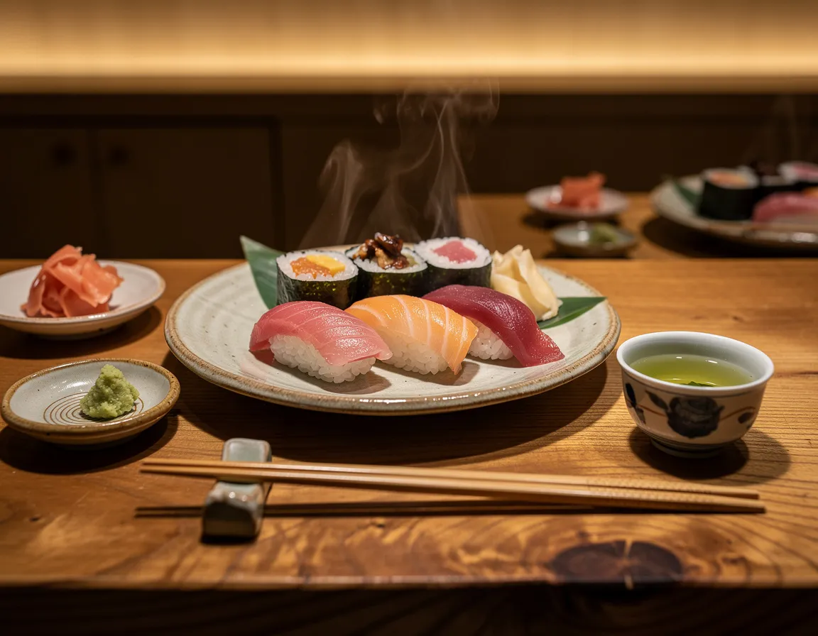 Um balcão de sushi em madeira preparado com pratos de cerâmica, pauzinhos e uma pequena chávena de chá, iluminado por luz quente e suave