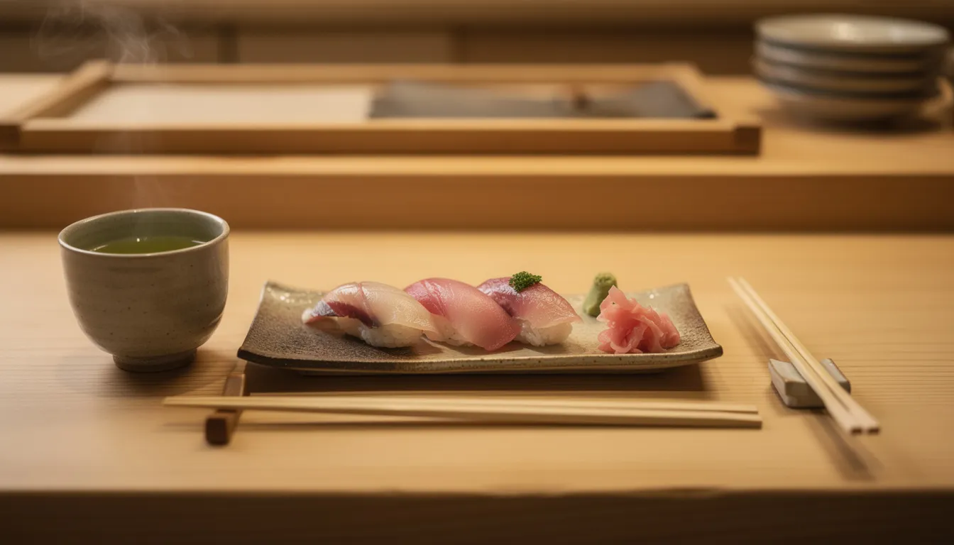Un bancone sushi in legno apparecchiato con piatti di ceramica, bacchette e una tazza fumante di tè verde in una luce calda e soffusa