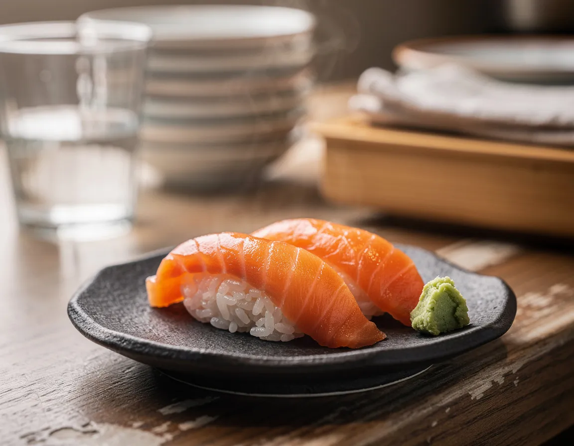 Dois nigiri de salmão num pequeno prato escuro de cerâmica com um toque de wasabi