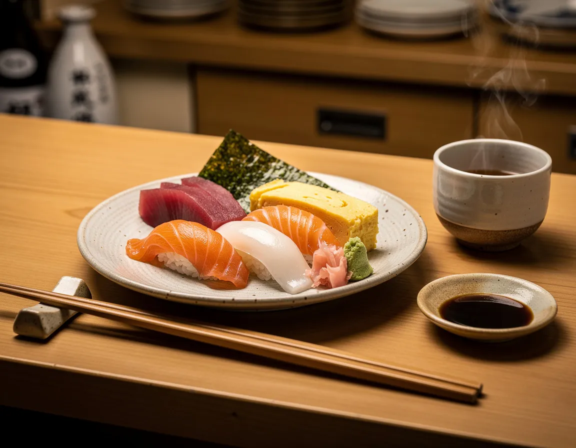 Eine hölzerne Sushi-Theke mit Keramiktellern, Stäbchen und einer kleinen Teetasse, in warmem gedämpftem Licht
