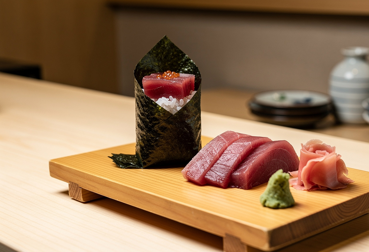 Un temaki di tonno avvolto in alga nori in piedi su un tagliere di legno con fette di tonno accanto