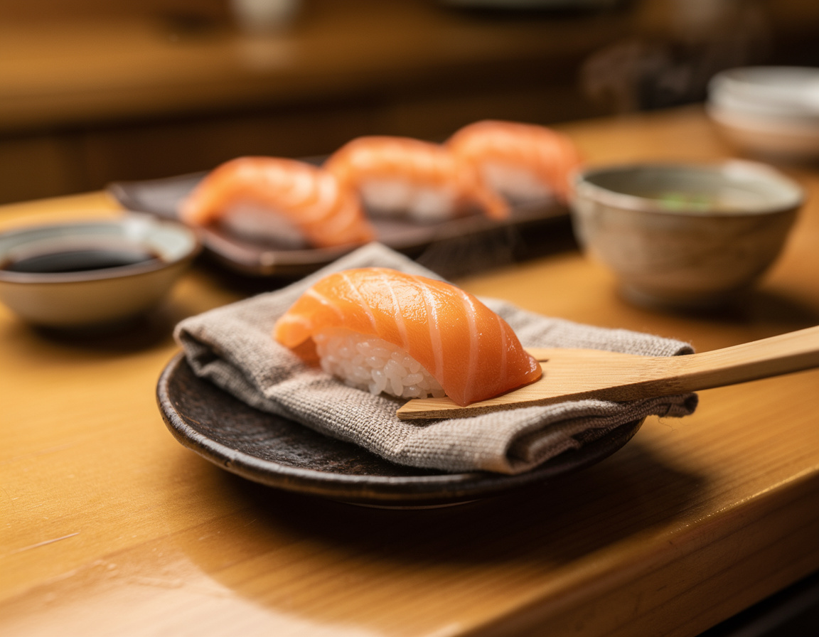 Una mano che da forma a un pezzo di salmon nigiri su un piccolo piatto scuro