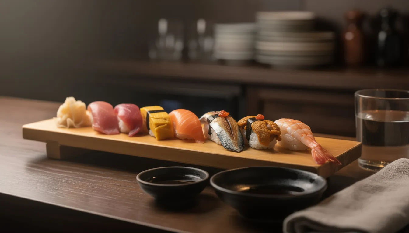 Un lungo tagliere di legno con nigiri sushi assortiti, illuminato caldamente da un lato su un bancone scuro