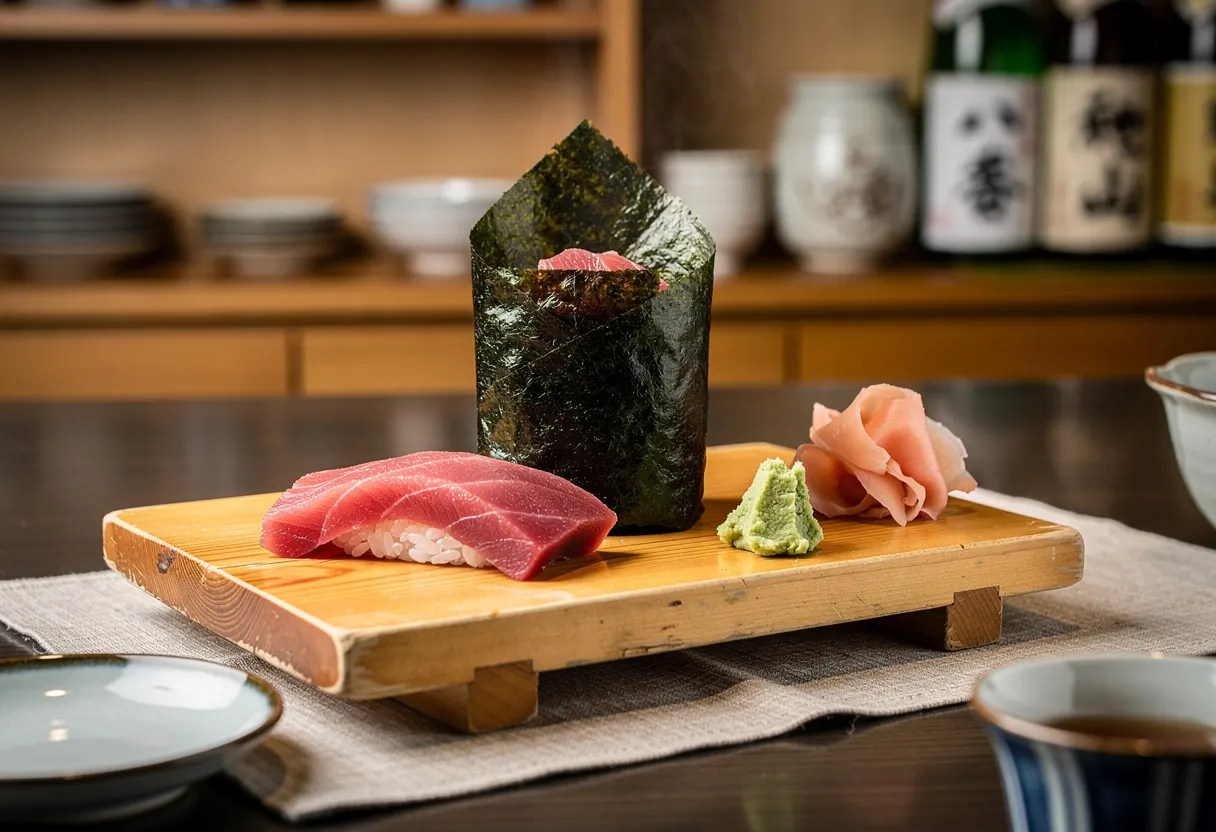 Um hand roll de atum enrolado em nori, em pé numa tábua de madeira com atum fatiado ao lado