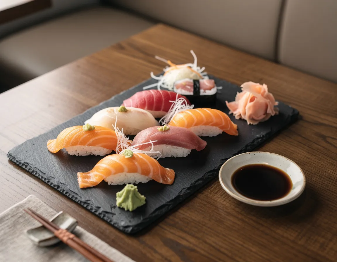 Una selezione di sushi su un tagliere di ardesia accanto a salsa di soia e zenzero sottaceto, vista dall'alto