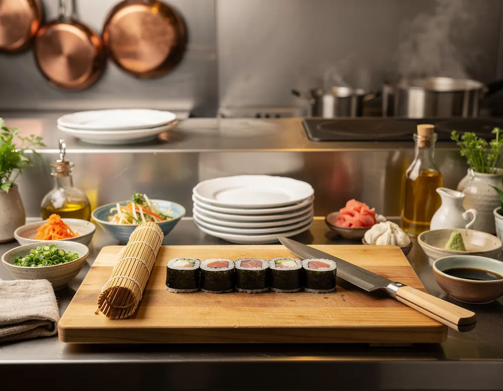 A sushi chef's bamboo mat and knife resting beside a neat row of maki rolls on a cutting board