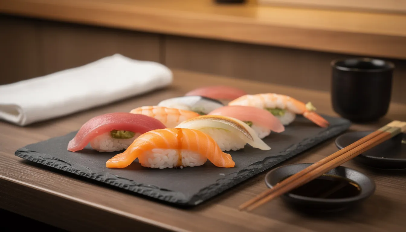 Eine dichte Anordnung von Nigiri-Sushi auf einer dunklen Schieferplatte, von oben sanft beleuchtet