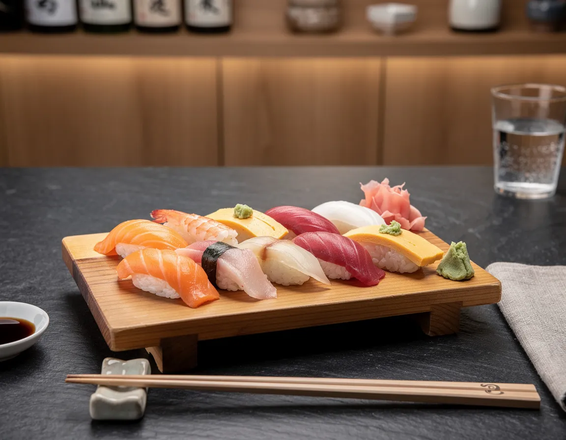 A wooden platter of assorted nigiri sushi on a dark counter, lit softly from above
