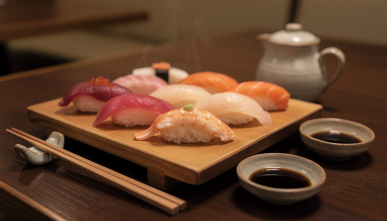 Uma tábua de madeira com sushi nigiri variado ao lado de pequenos molheiros de cerâmica, iluminada por luz quente e suave