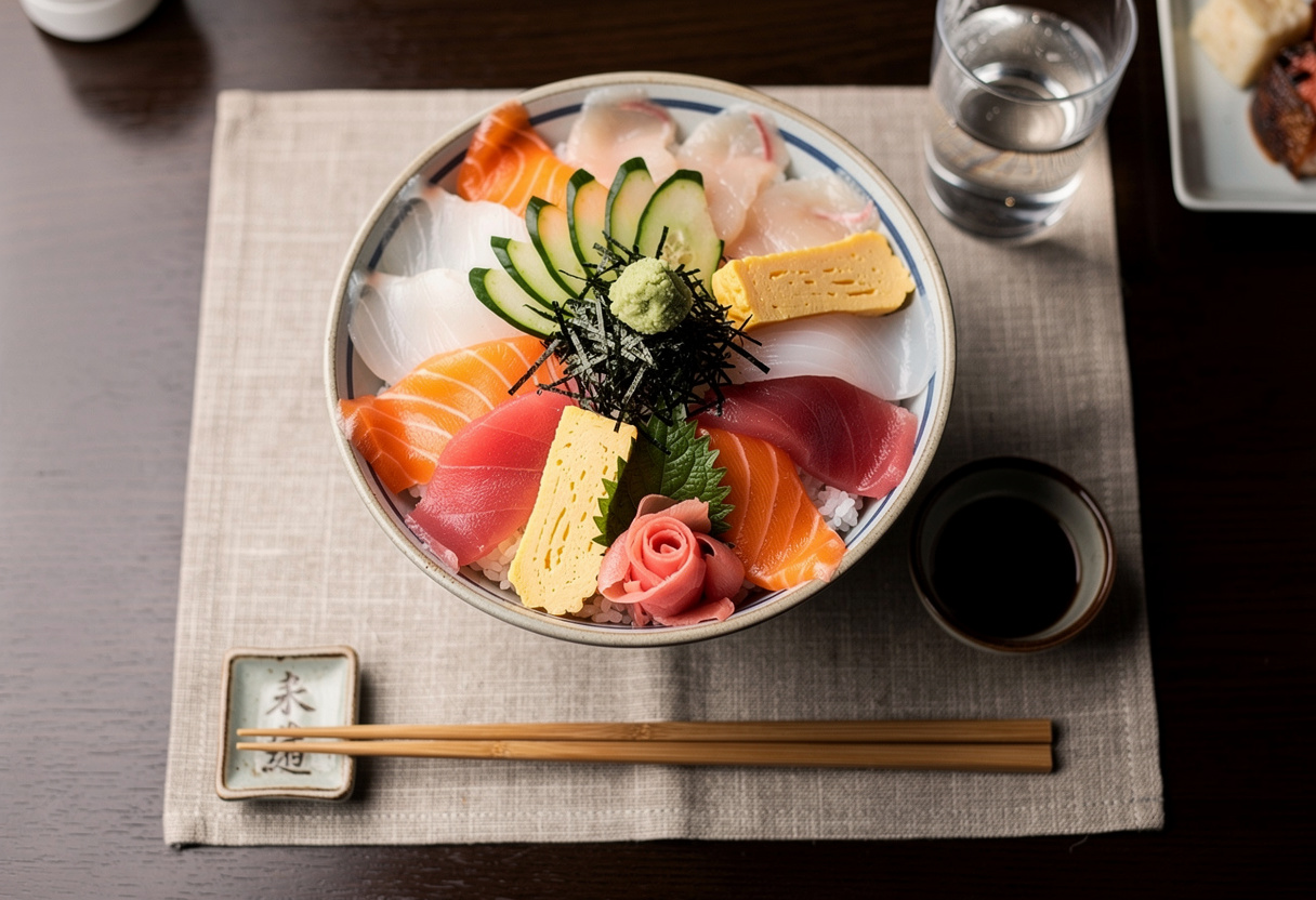 Eine Chirashi-Schale mit Scheiben von Sashimi auf weißem Reis, von oben auf einem dunklen Tisch gesehen